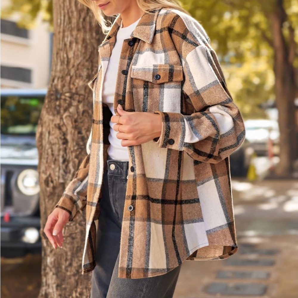 AUTOMET Womens Casual Plaid Shacket Button Down Long Sleeve Shirt Size XL